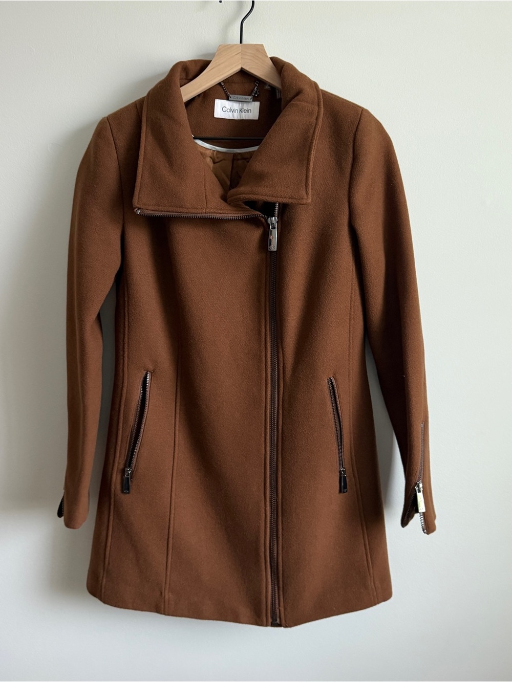 Calvin Klein Wool Blend Chocolate Brown Asymmetrical Zip Coat | Sz XS